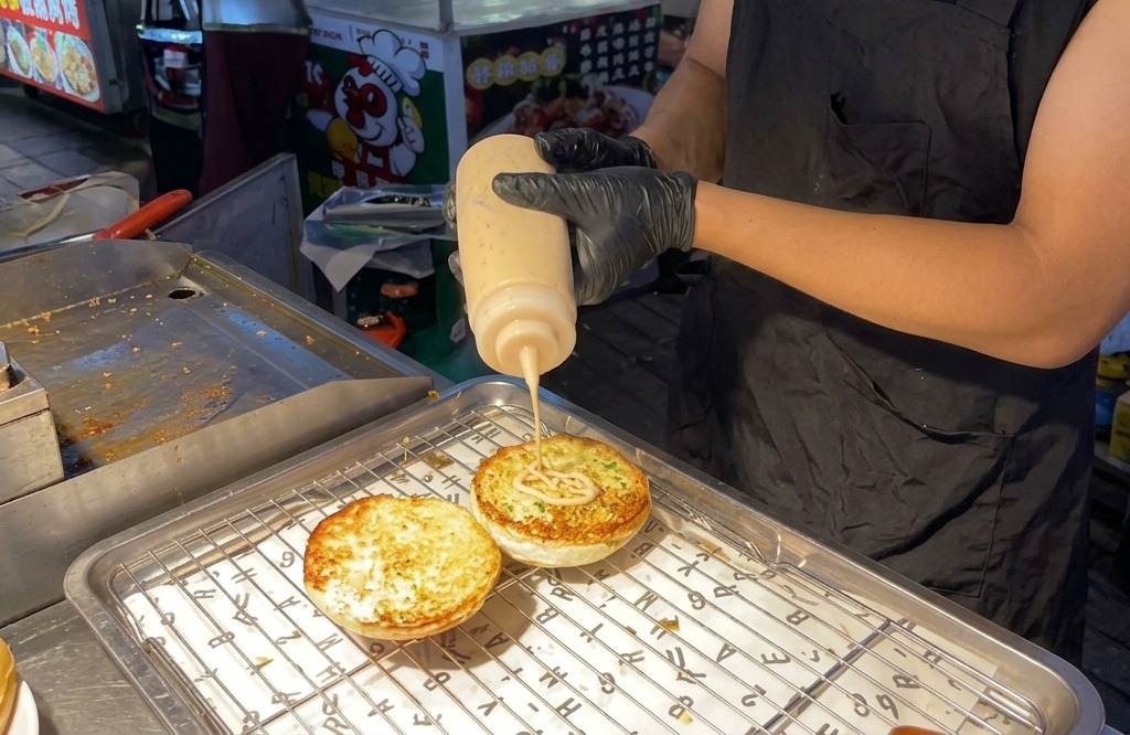 Salsa per burger di colore arancione chiaro spremuta da una bottiglia sui lati tostati delle due metà del bun.