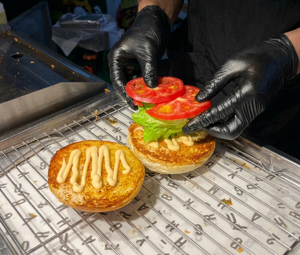 Mani con guanti neri che posizionano due fette di pomodoro sopra la lattuga che copre il pane tostato condito con salsa.