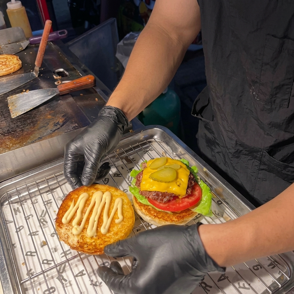 Mani che posizionano la parte superiore del panino tostato su un burger americano completo su una griglia.