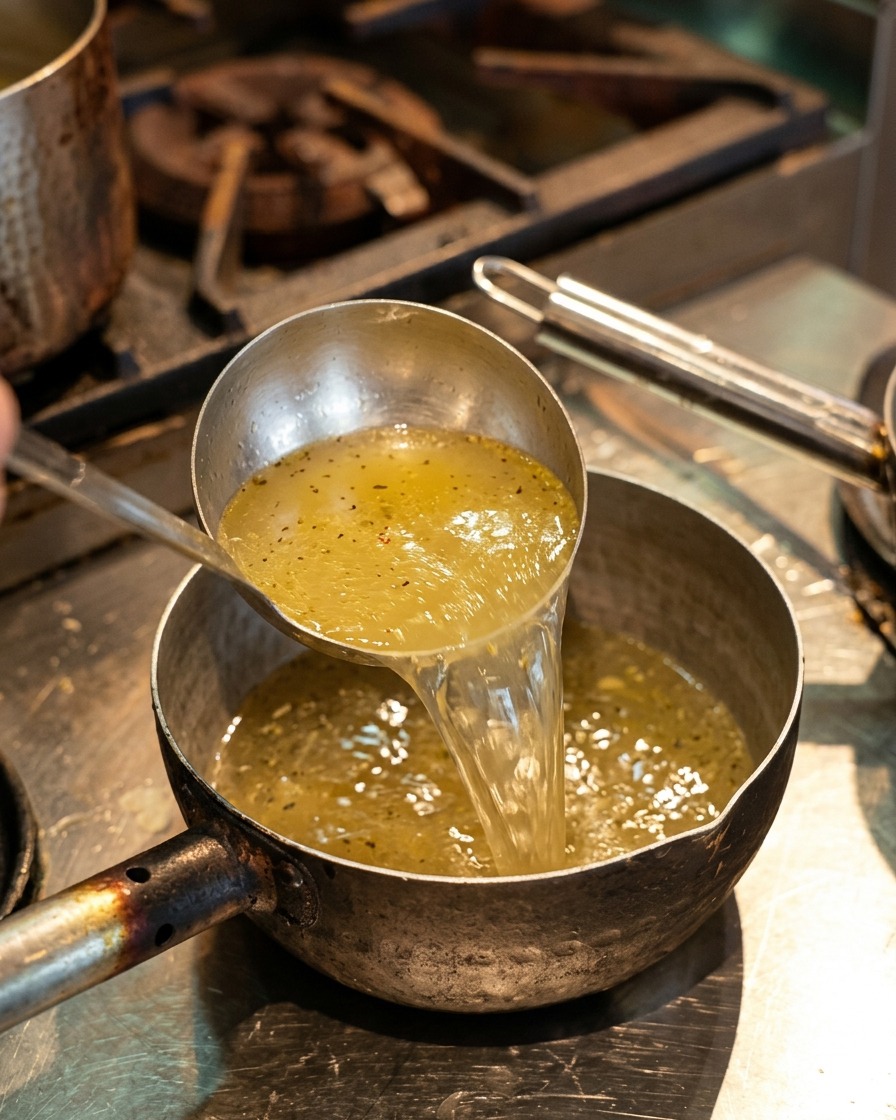 Versare brodo di pollo giallo limpido da un mestolo in un piccolo pentolino di metallo sul fuoco.