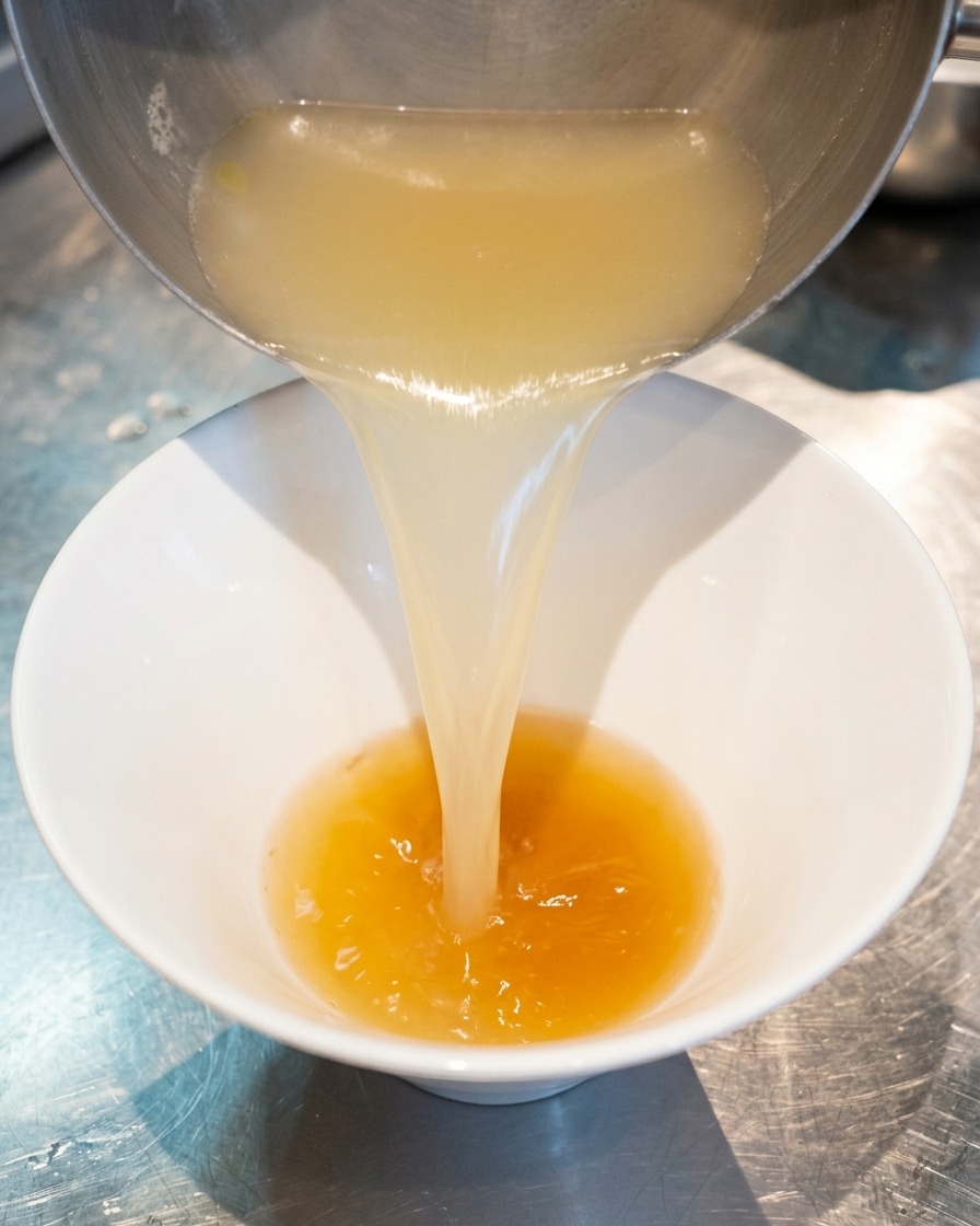 Brodo di pollo bollente e limpido versato da un pentolino in una ciotola bianca, mescolandosi alla tare dorata sul fondo.