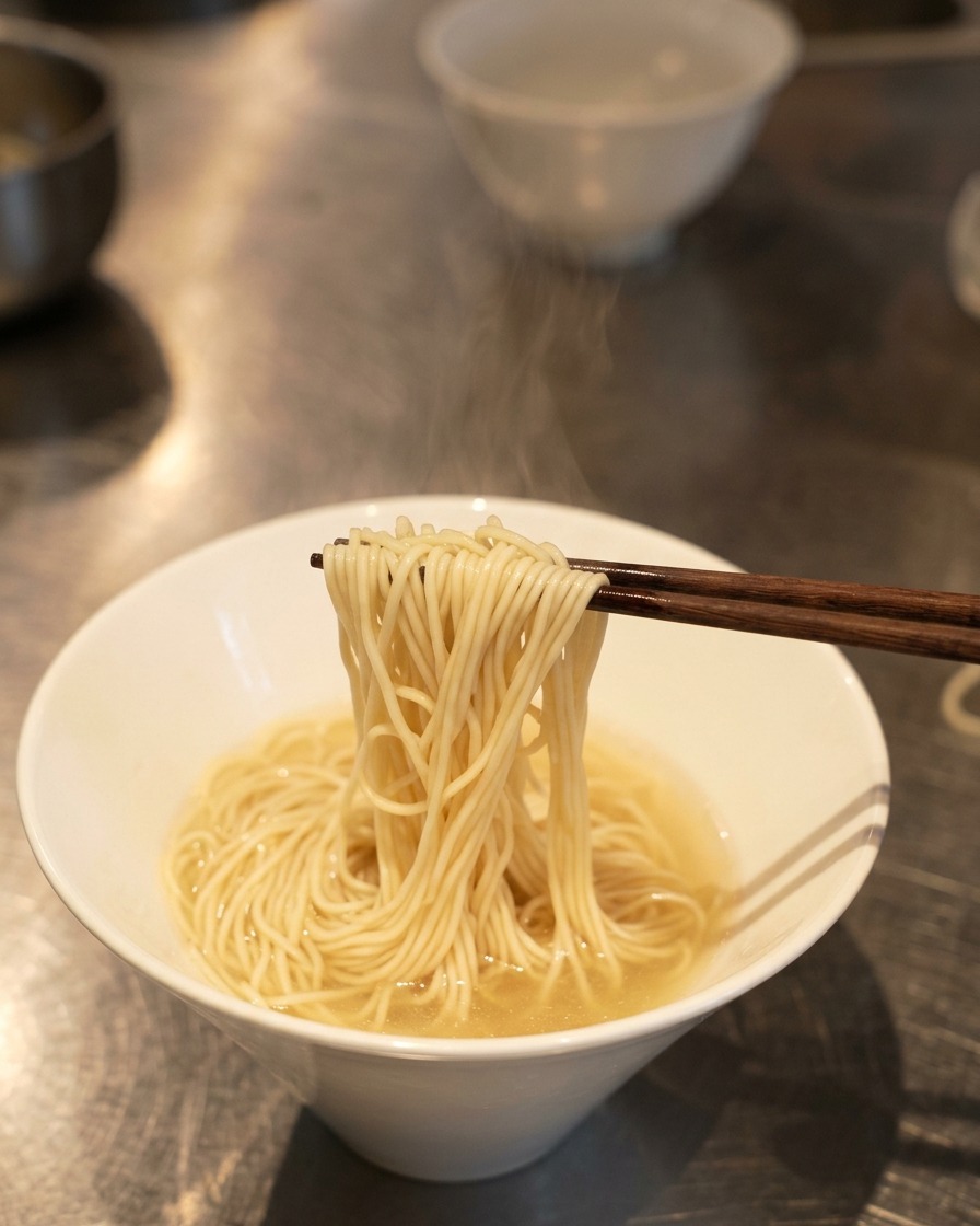 Un paio di bacchette solleva un fascio di noodles sottili da una ciotola bianca piena di brodo limpido per piegarli ordinatamente.