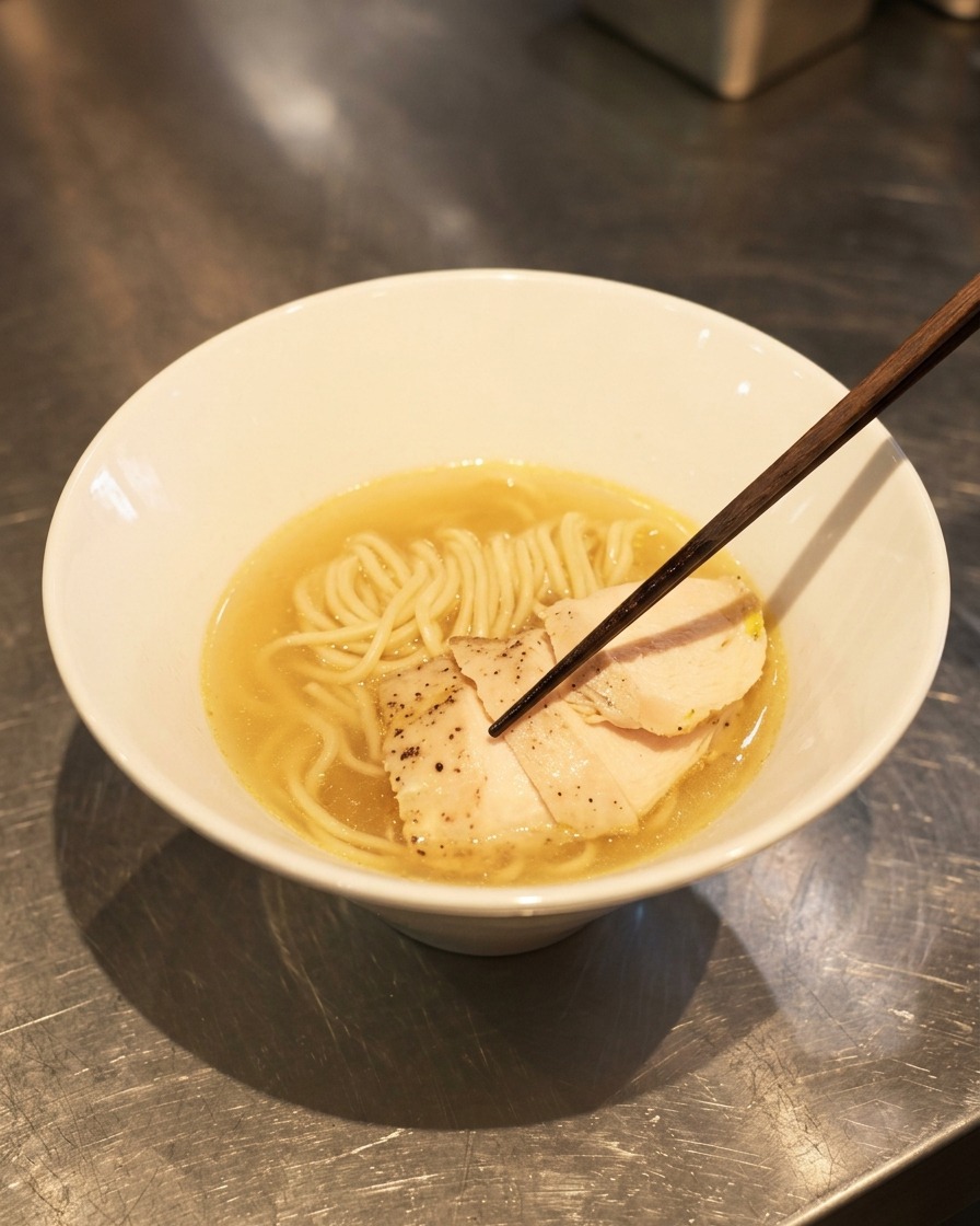 Bacchette che adagiano fette sottili e tenere di chashu di pollo su un letto di noodles immersi in un brodo color ambra.