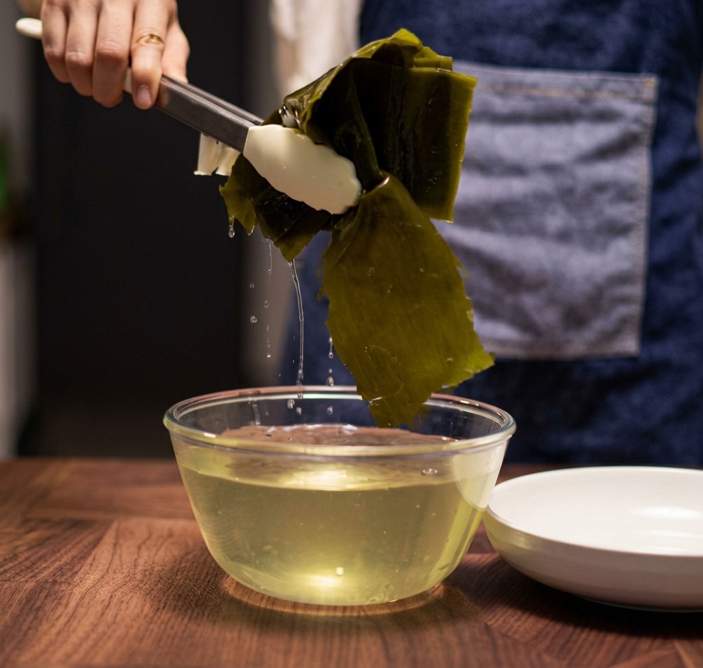 Pinze che sollevano un grande pezzo di alga kombu idratata da una ciotola trasparente con acqua giallina.