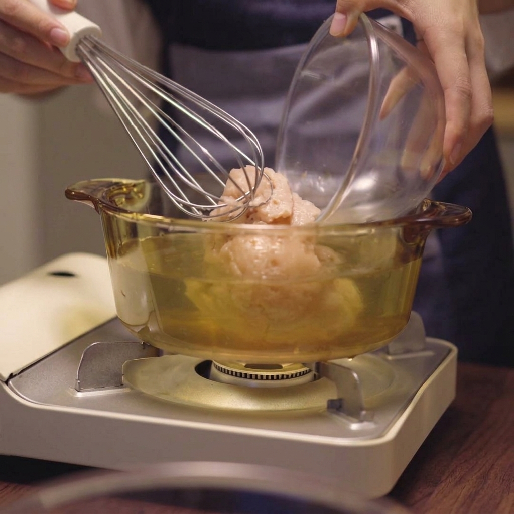 Una mano che usa una frusta per sminuzzare il petto di pollo macinato crudo dentro una pentola di vetro piena di liquido.