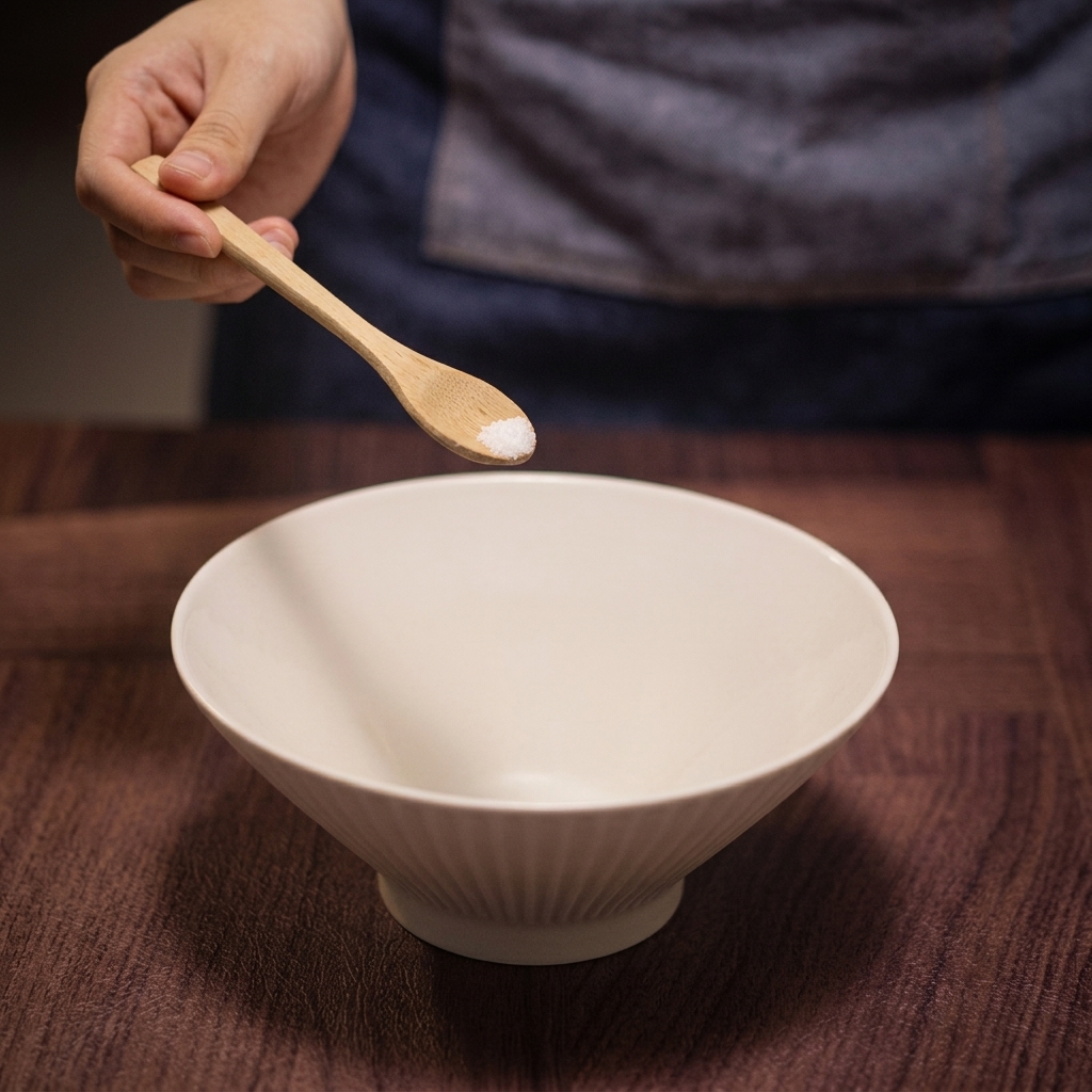 Piccolo cucchiaio di legno con sale marino sopra una ciotola di ceramica bianca vuota.