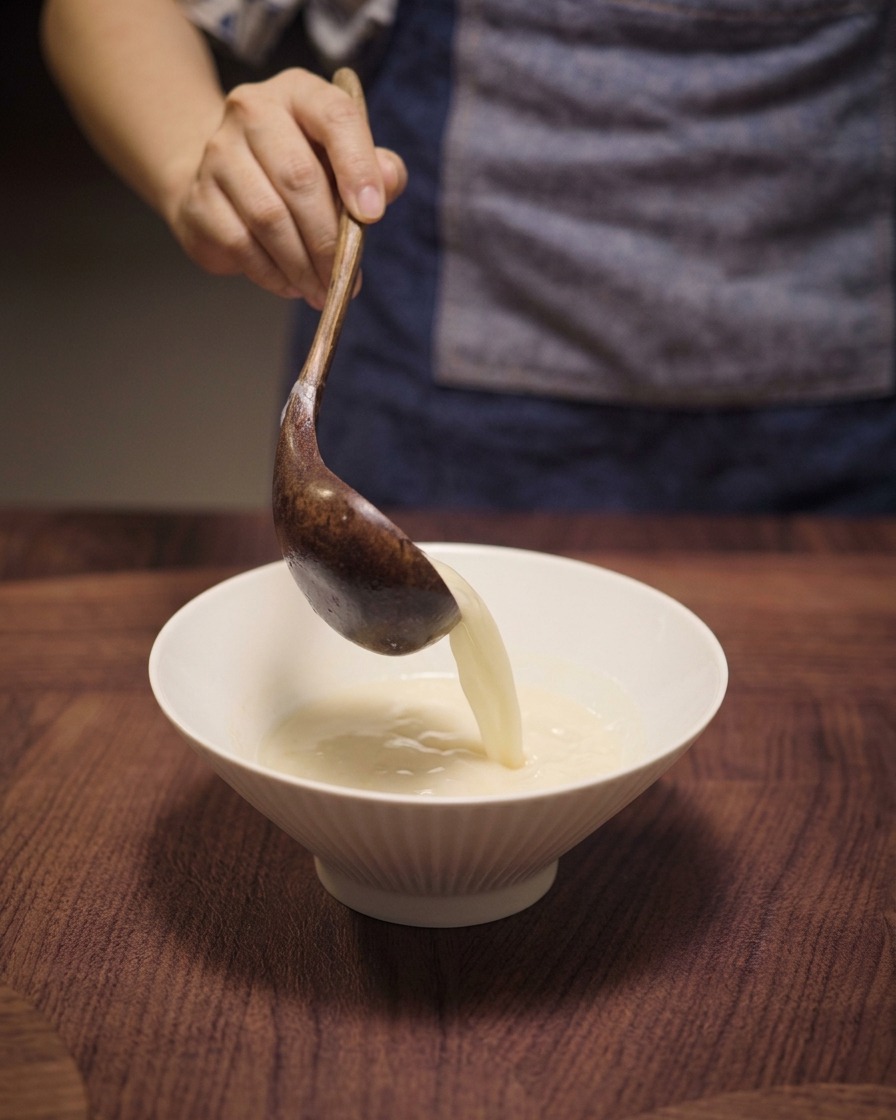 Liquido dorato e bollente versato da un mestolo di legno in una ciotola bianca.
