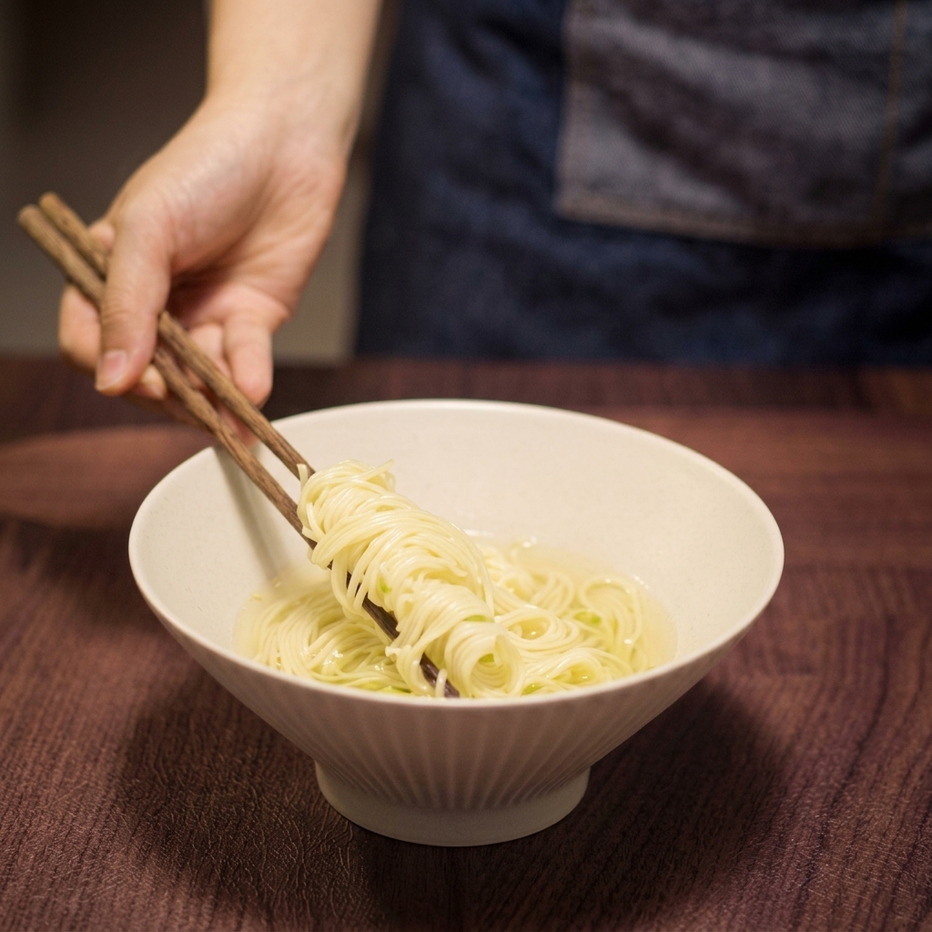 Bacchette di legno che sollevano e posizionano noodles gialli in una ciotola di zuppa limpida.