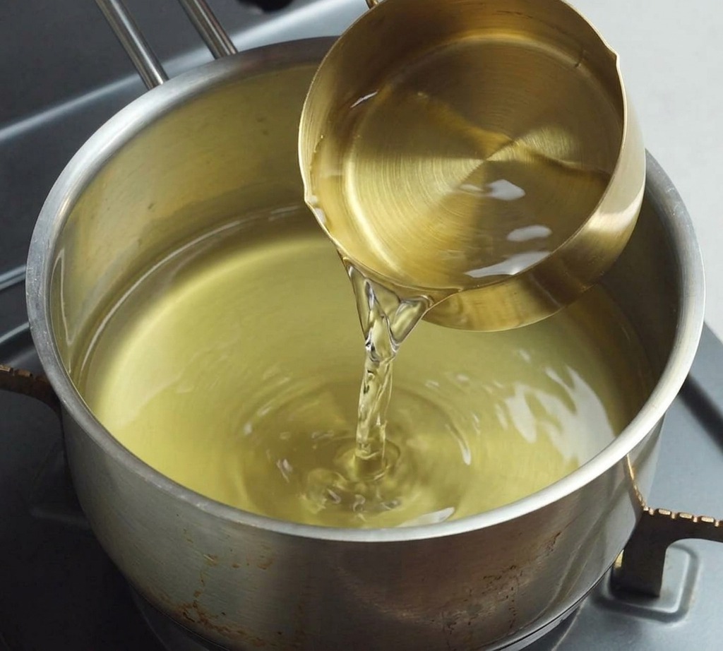 Acqua limpida versata da un misurino color ottone in una pentola che contiene già un brodo giallo chiaro.