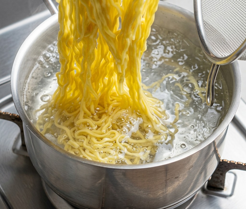 Noodles ramen gialli cotti sollevati da una pentola bollente con un colino a maglia, con il vapore che sale nellaria.