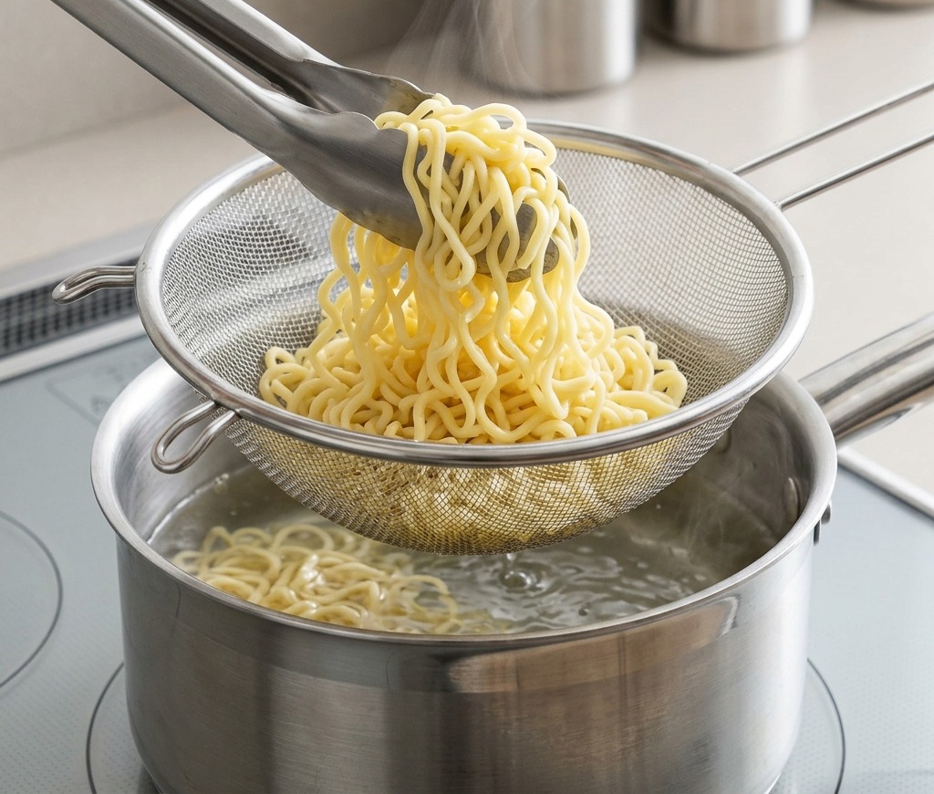 Noodles ramen gialli cotti sollevati in un colino a maglia in acciaio inox con pinze sopra una pentola dacqua fumante.