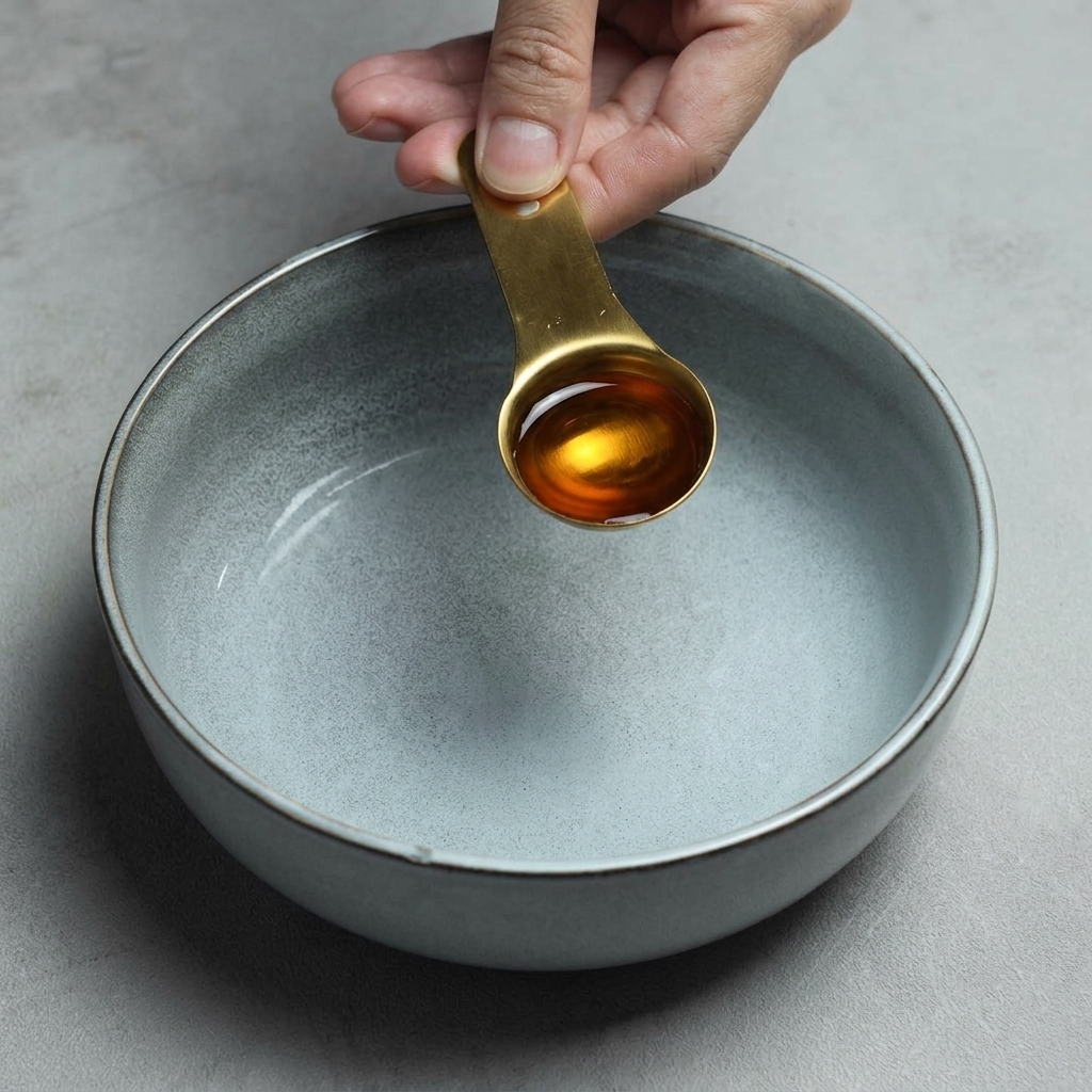 Un cucchiaio dosatore dorato che versa olio di sesamo ambrato e limpido al centro di una ciotola di ceramica grigio-blu vuota.