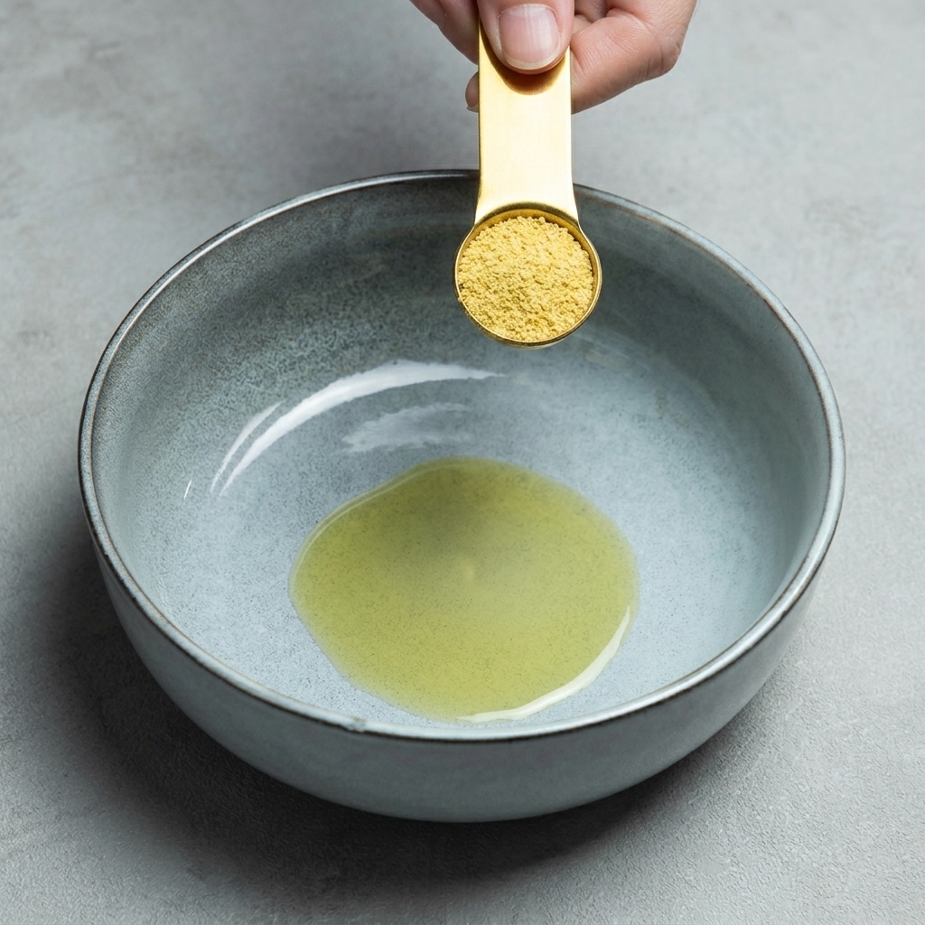 Preparato di pollo in polvere granulare giallo tenuto in un cucchiaio doro sopra una ciotola contenente olio di sesamo.