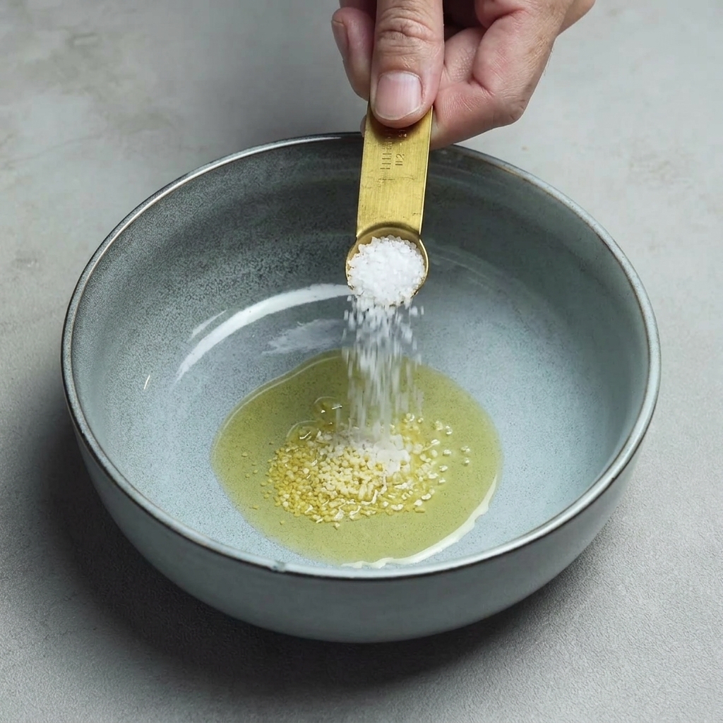 Sale bianco grosso versato da un cucchiaino dorato in una ciotola che contiene già olio e polvere.