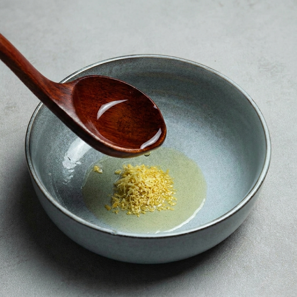 Brodo di pollo giallo limpido versato da un mestolo di legno scuro in una ciotola da ramen azzurra già condita.
