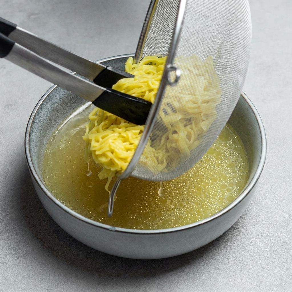 Una persona che usa pinze dargento per trasferire noodles ramen gialli cotti da un colino a maglia in una ciotola grigio-blu piena di brodo dorato e limpido.
