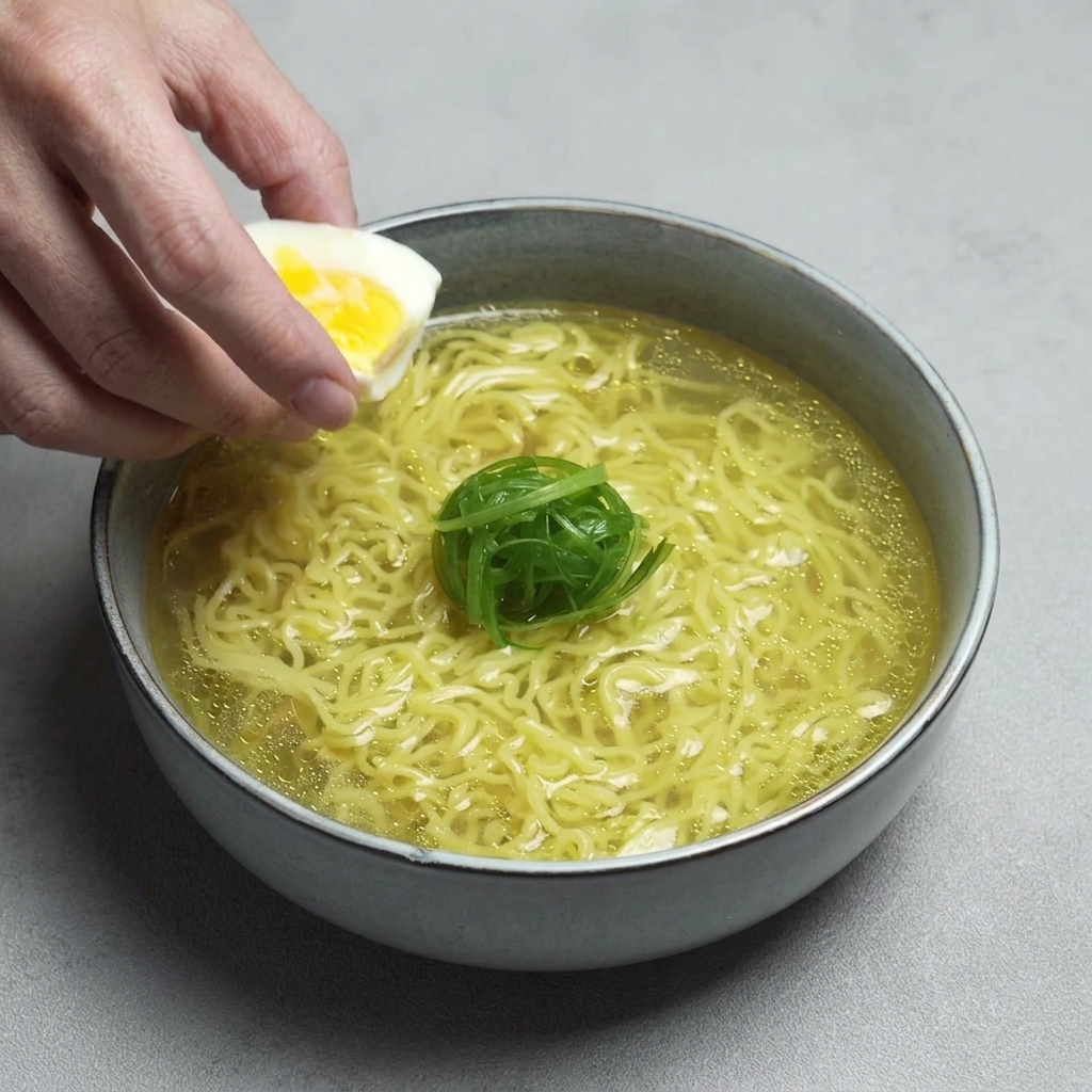 Una mano che posiziona metà di un uovo barzotto con un tuorlo giallo brillante in una ciotola di ramen già guarnita con cipollotto.