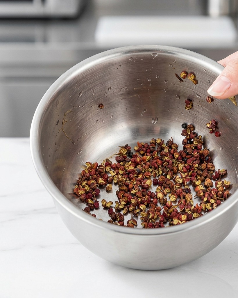 Pepe di Sichuan, alloro e altre spezie intere raccolte in una ciotolina di acciaio inox.