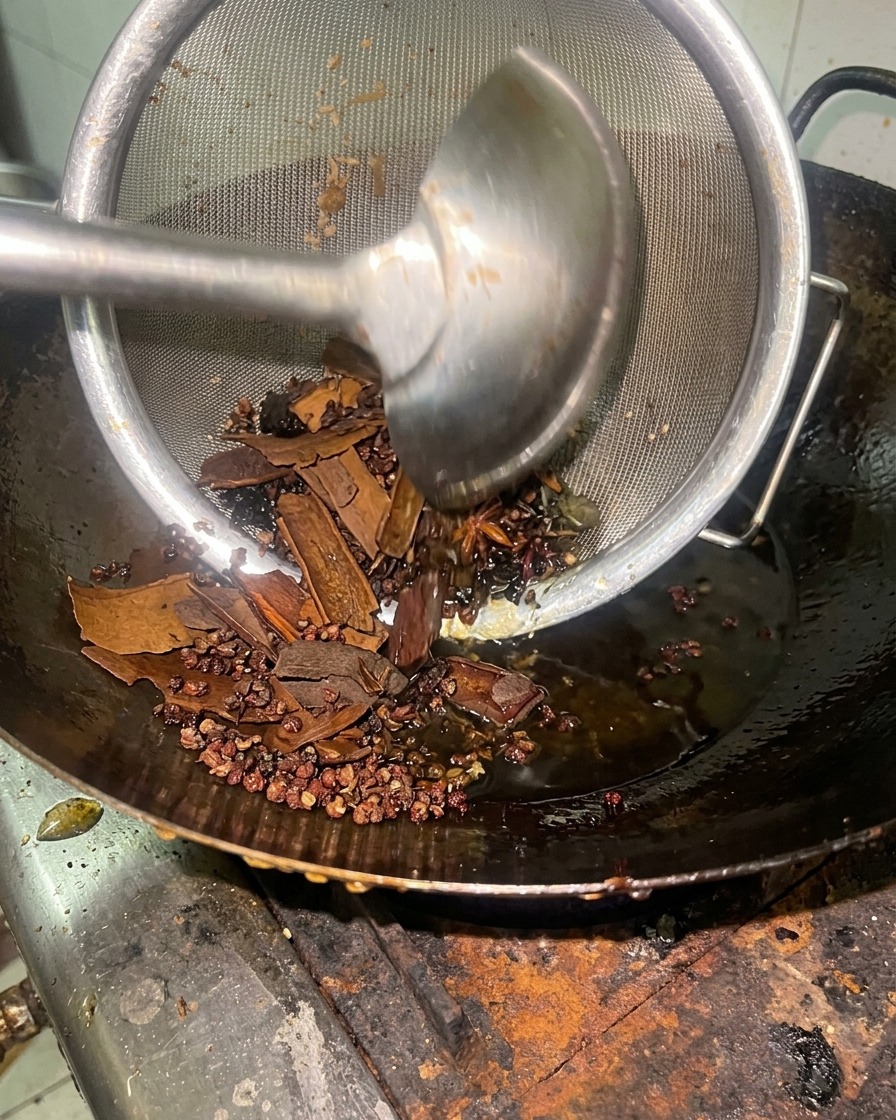 Un colino metallico solleva le spezie fritte dallolio aromatizzato allinterno di un wok.