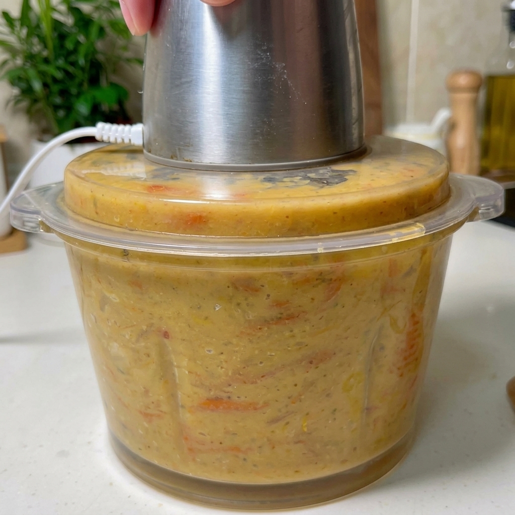 Un frullatore a immersione in acciaio inossidabile che lavora un composto denso e arancione di carapaci e brodo allinterno di un contenitore trasparente.