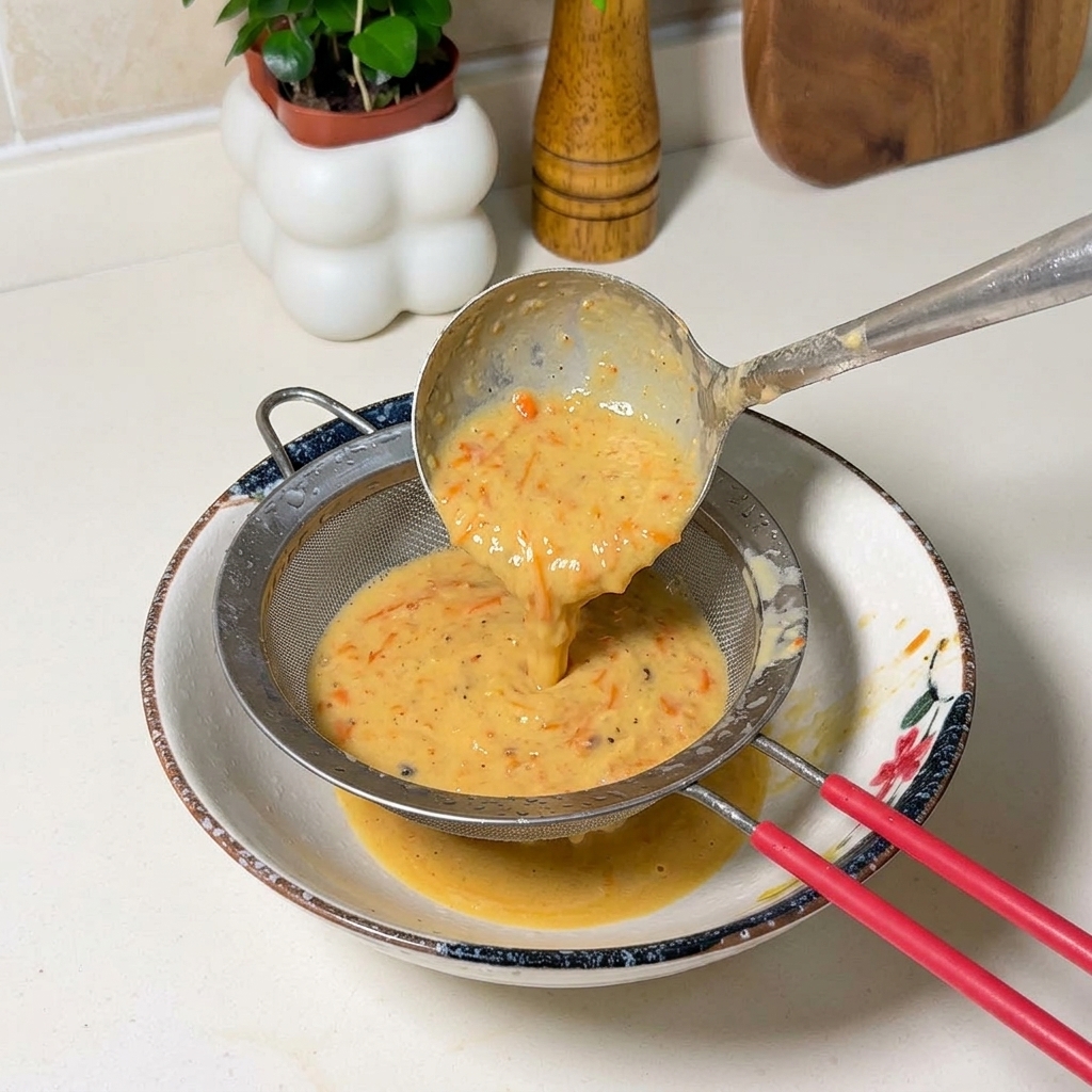 Denso brodo di gamberi arancione versato da un mestolo attraverso un colino di metallo in una ciotola di ceramica con motivi floreali.