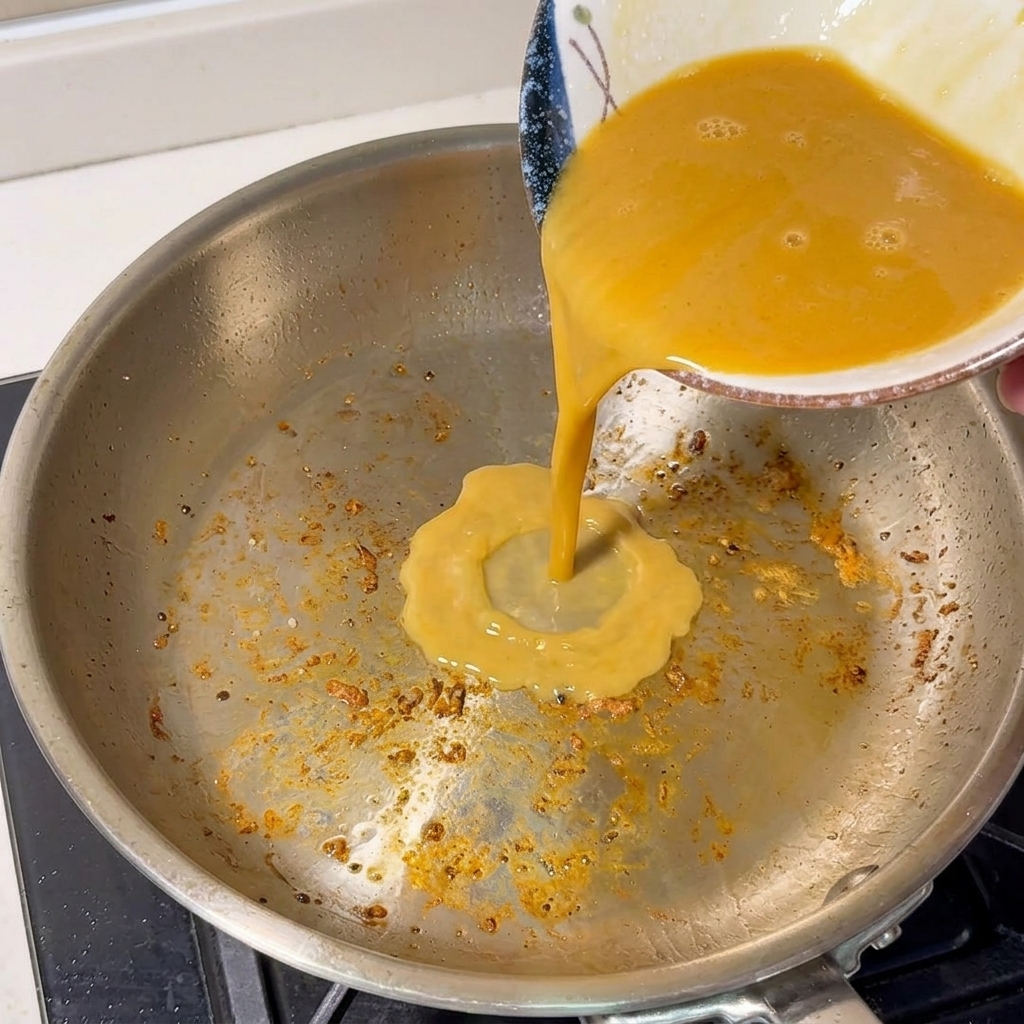 Brodo di gamberi concentrato arancione versato da una ciotola in una casseruola in acciaio inossidabile sui fornelli.