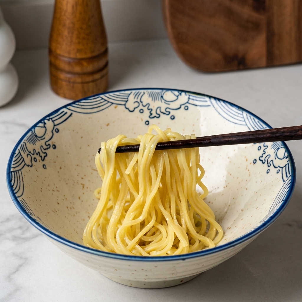 Un nido di noodles gialli per ramen sollevato con le bacchette e adagiato in una ciotola di ceramica color crema con motivi di onde blu.