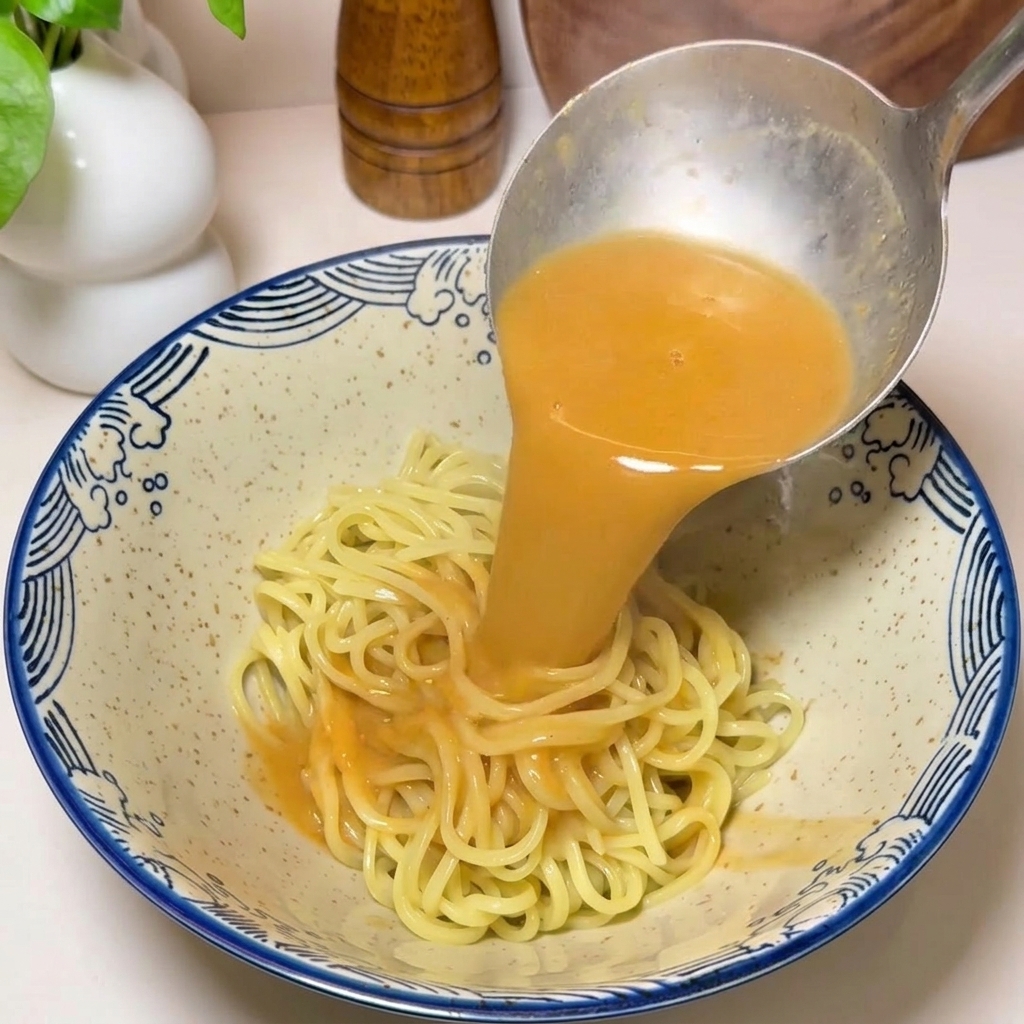 Un mestolo di metallo che versa un ricco brodo di gamberi di colore arancione su un nido di noodles gialli in una ciotola decorata in bianco e blu.