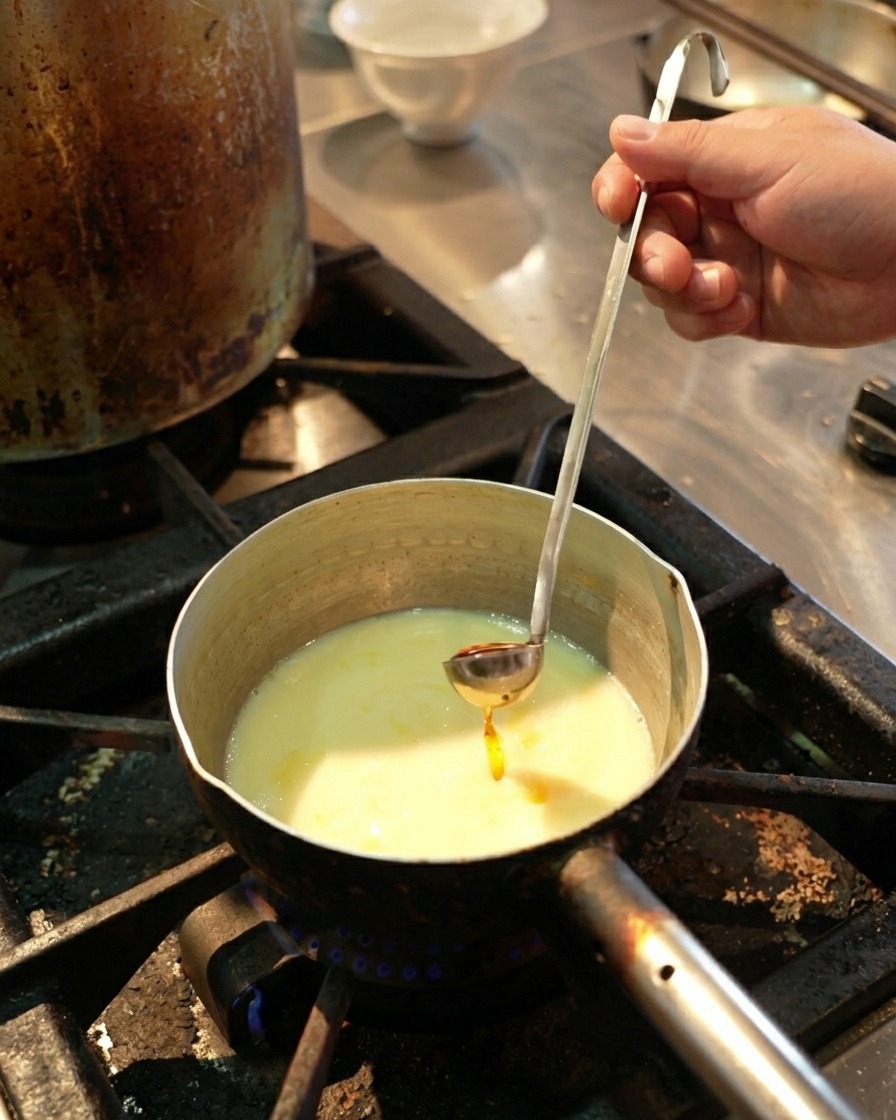 Un piccolo mestolo che versa un olio di gamberi arancione vivace in una pentola di brodo di pollo giallo che sobbolle.