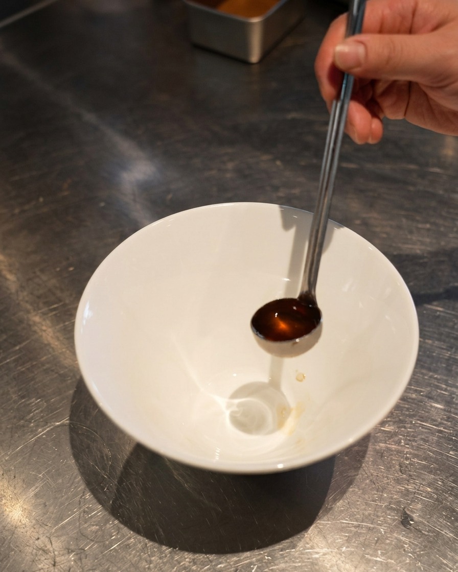 Un mestolino a manico lungo che versa un liquido scuro e sapido nel centro di una ciotola di ceramica bianca pulita e profonda.