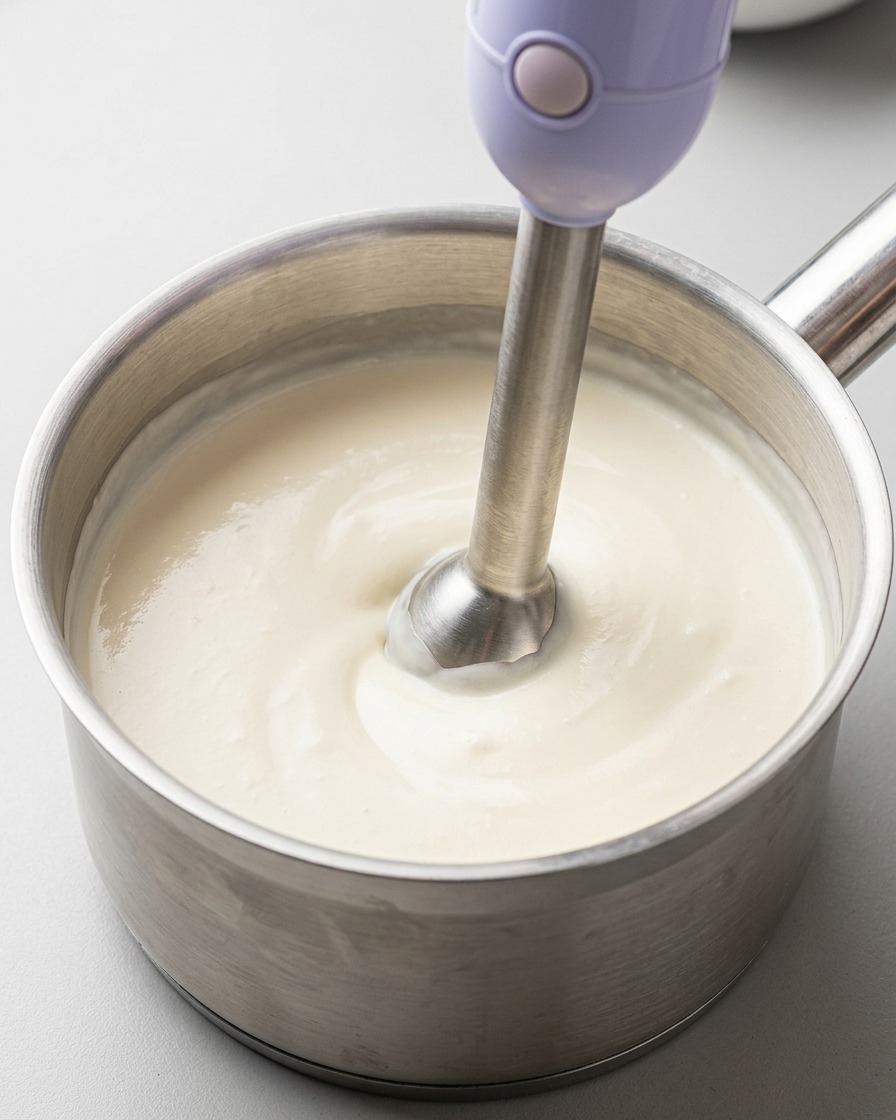 Un frullatore a immersione in argento che monta un liquido giallo chiaro trasformandolo in una schiuma densa e bianco latte.