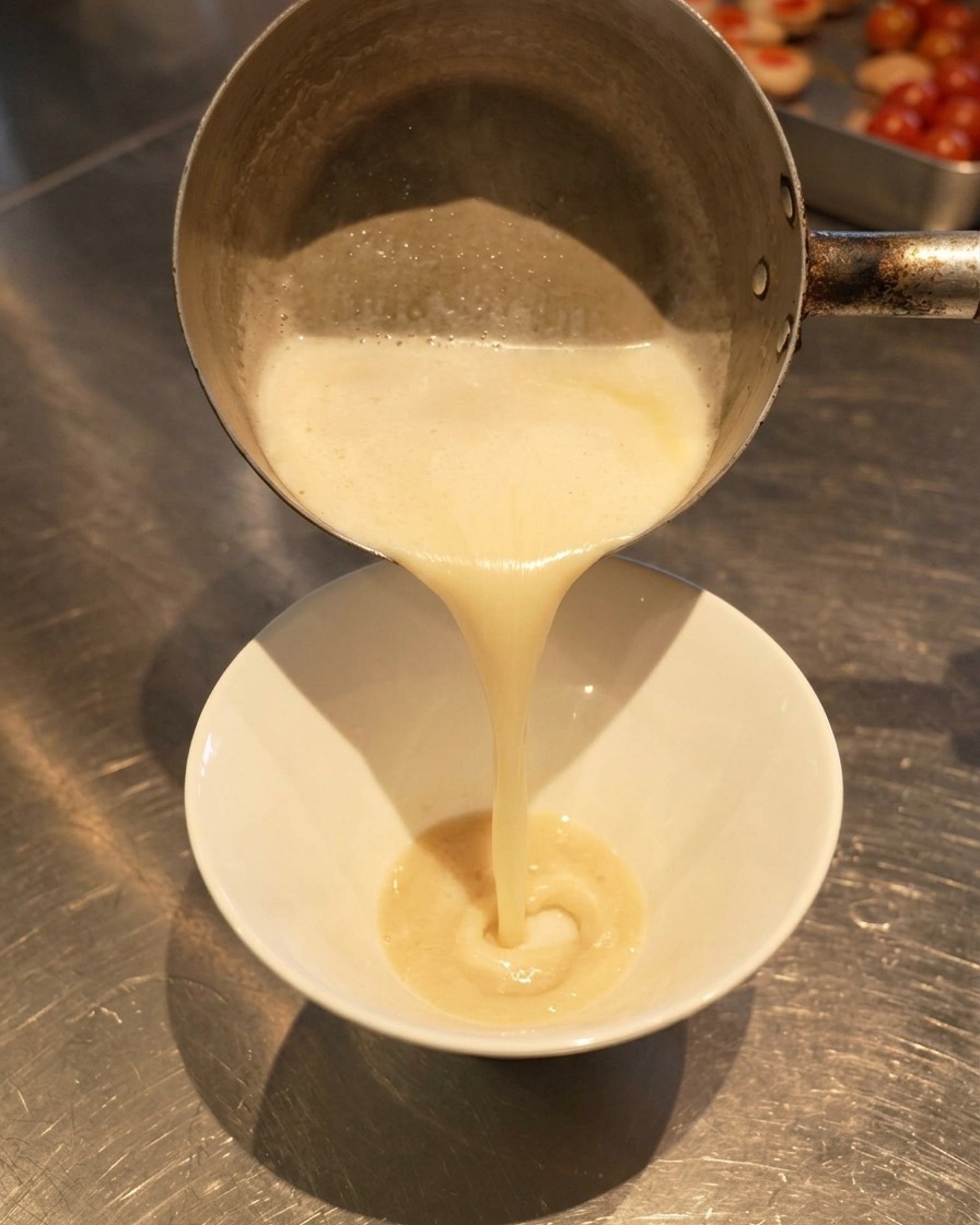 Brodo caldo e schiumoso versato da un pentolino in una ciotola bianca, mescolandosi con una salsa più scura sul fondo.