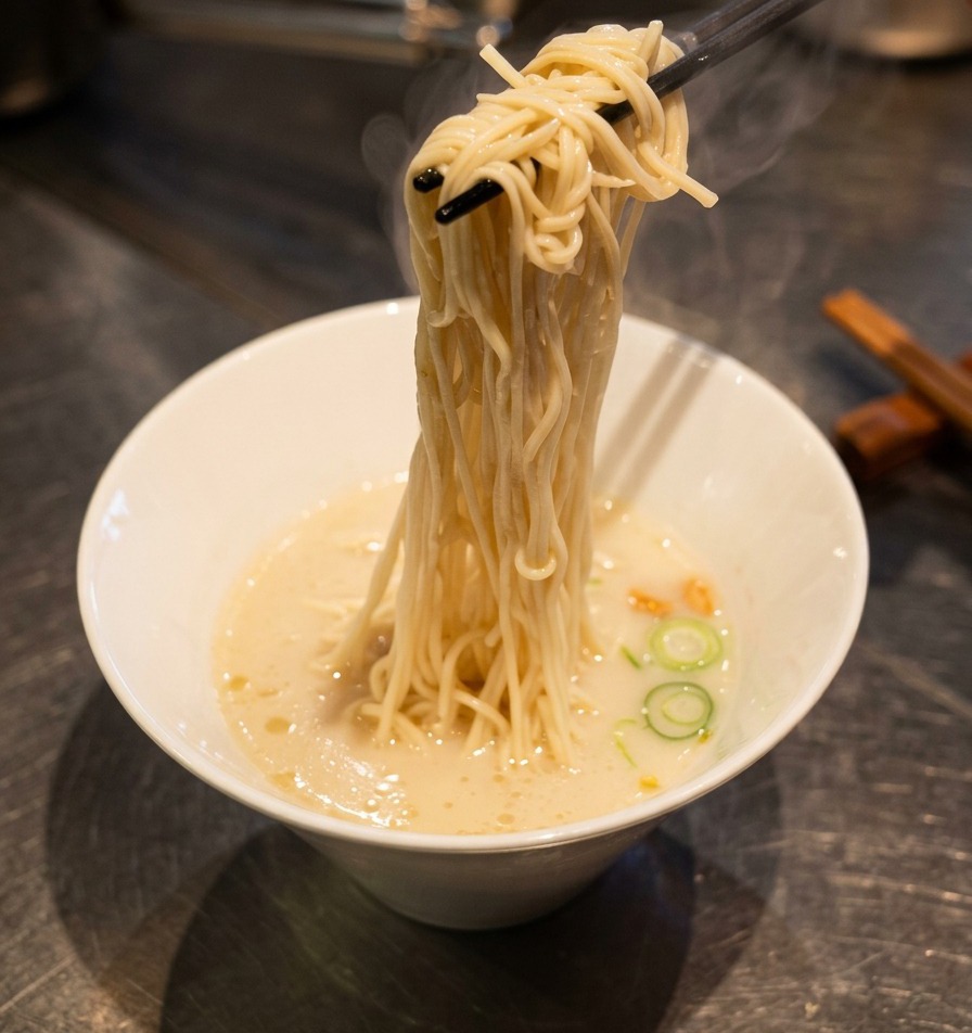 Bacchette che sollevano e sistemano sottili noodles in una ciotola di zuppa cremosa e schiumosa.