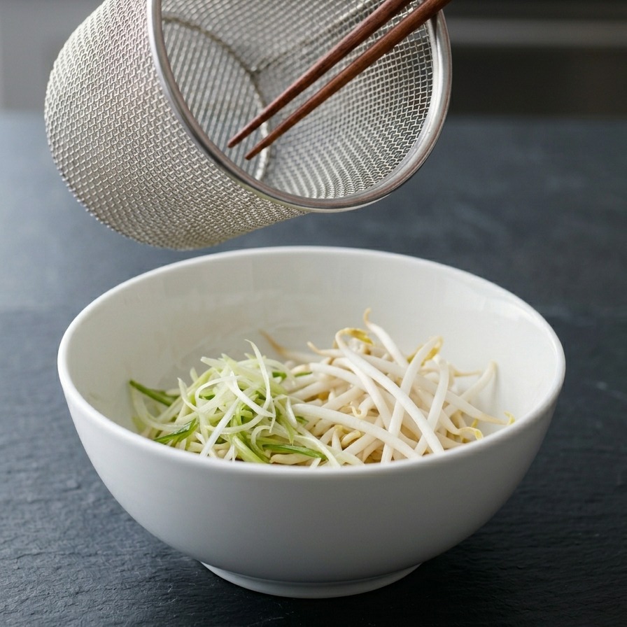 Una mano che usa le bacchette per posizionare germogli di soia bianchi e verdure tritate in una ciotola di ramen.