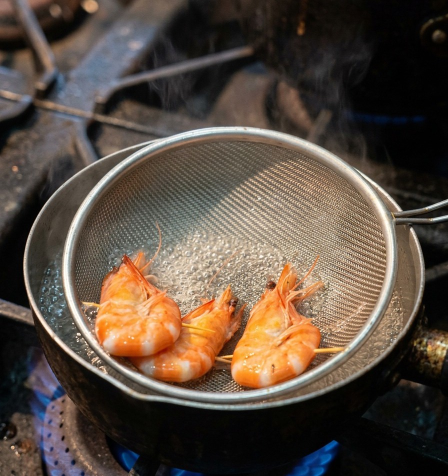 Tre gamberi interi bolliti in un cestello metallico allinterno di una pentola di acqua bollente sul fuoco.