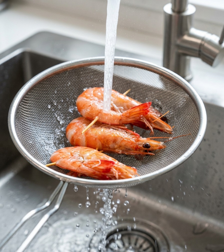 Gamberi arancioni cotti in un colino di metallo sciacquati sotto un getto di acqua fredda dal rubinetto.