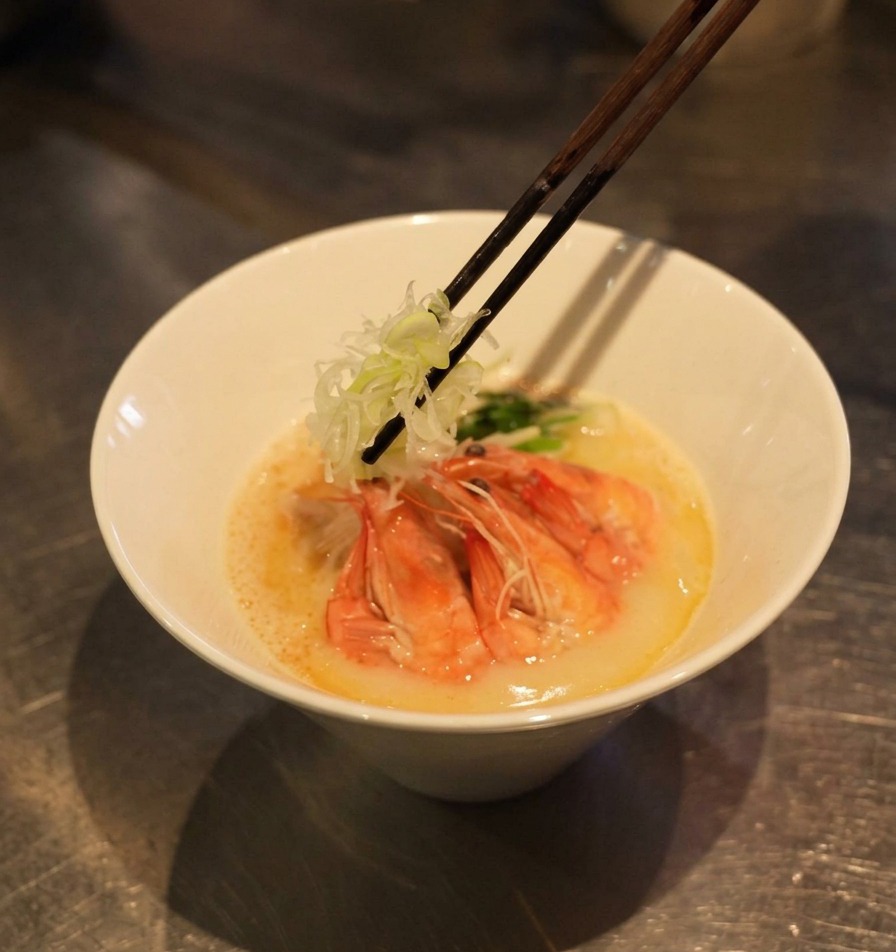 Bacchette che posizionano una guarnizione di scalogno bianco tagliato a julienne fine su una ciotola di ramen ai gamberi.
