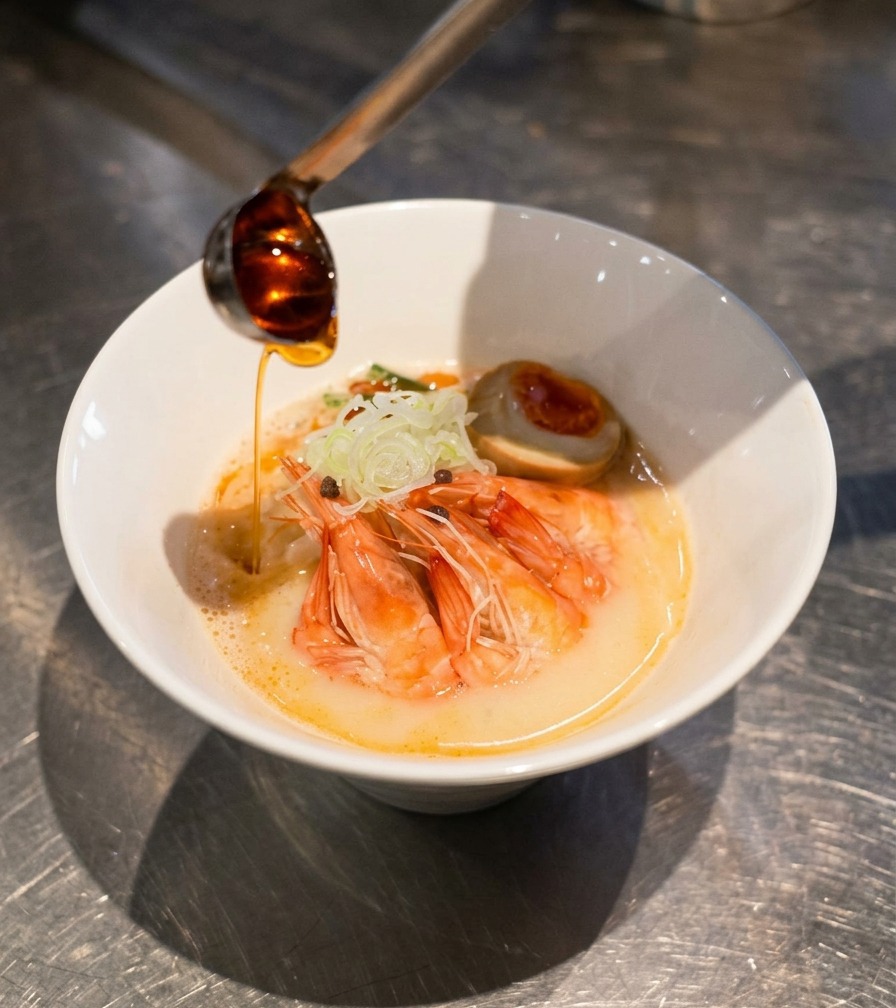 Un mestolo che versa olio rosso-arancio in una ciotola completa di ramen con gamberi, cipollotto e uovo.