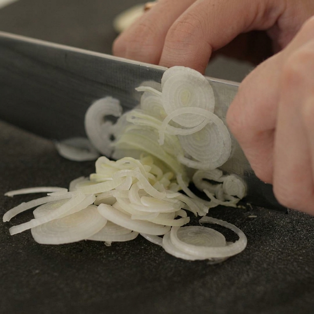 Un coltello da chef che affetta un porro bianco su un tagliere nero, creando anelli sottili e traslucidi.
