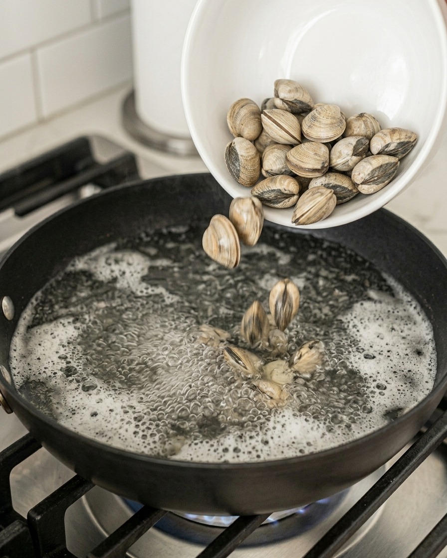 Una ciotola bianca versa vongole fresche in una padella di liquido bollente sul fuoco.