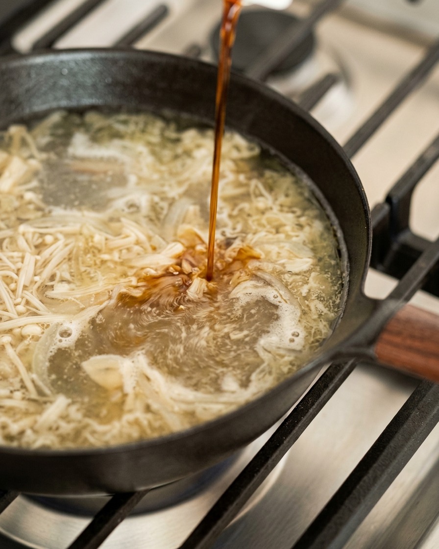 Un sottile filo di salsa di soia scura versato in una padella di brodo con porri e aglio.