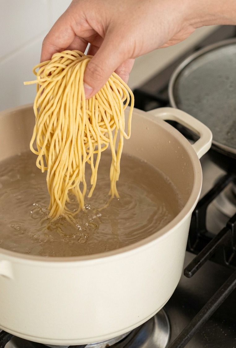Una mano cala un nido di noodle ramen giallo pallido in una pentola bianca di acqua bollente.