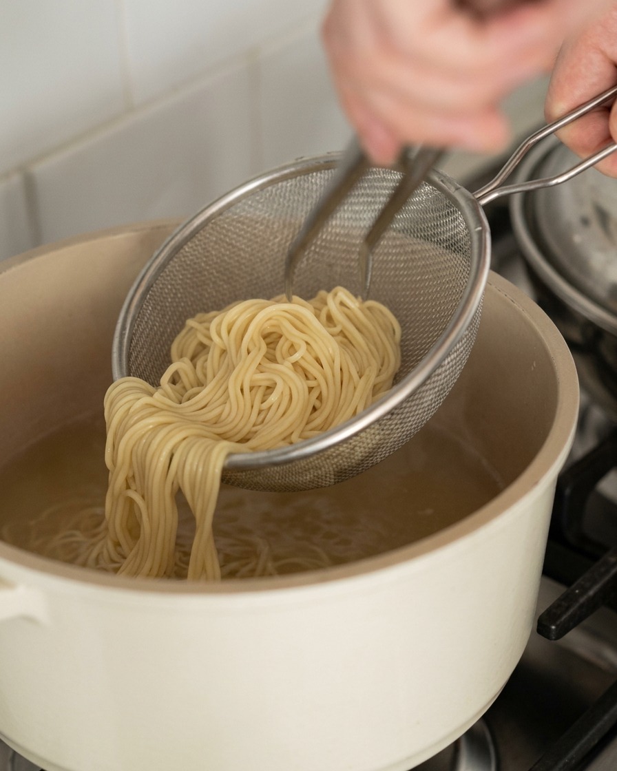 Un colino che solleva una porzione abbondante di noodle sottili da una pentola di ceramica bianca.