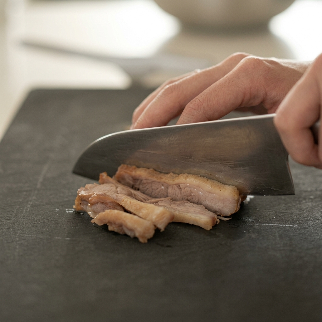 Affettare la carne danatra rosolata in strisce sottili e uniformi su un tagliere nero con un coltello affilato.