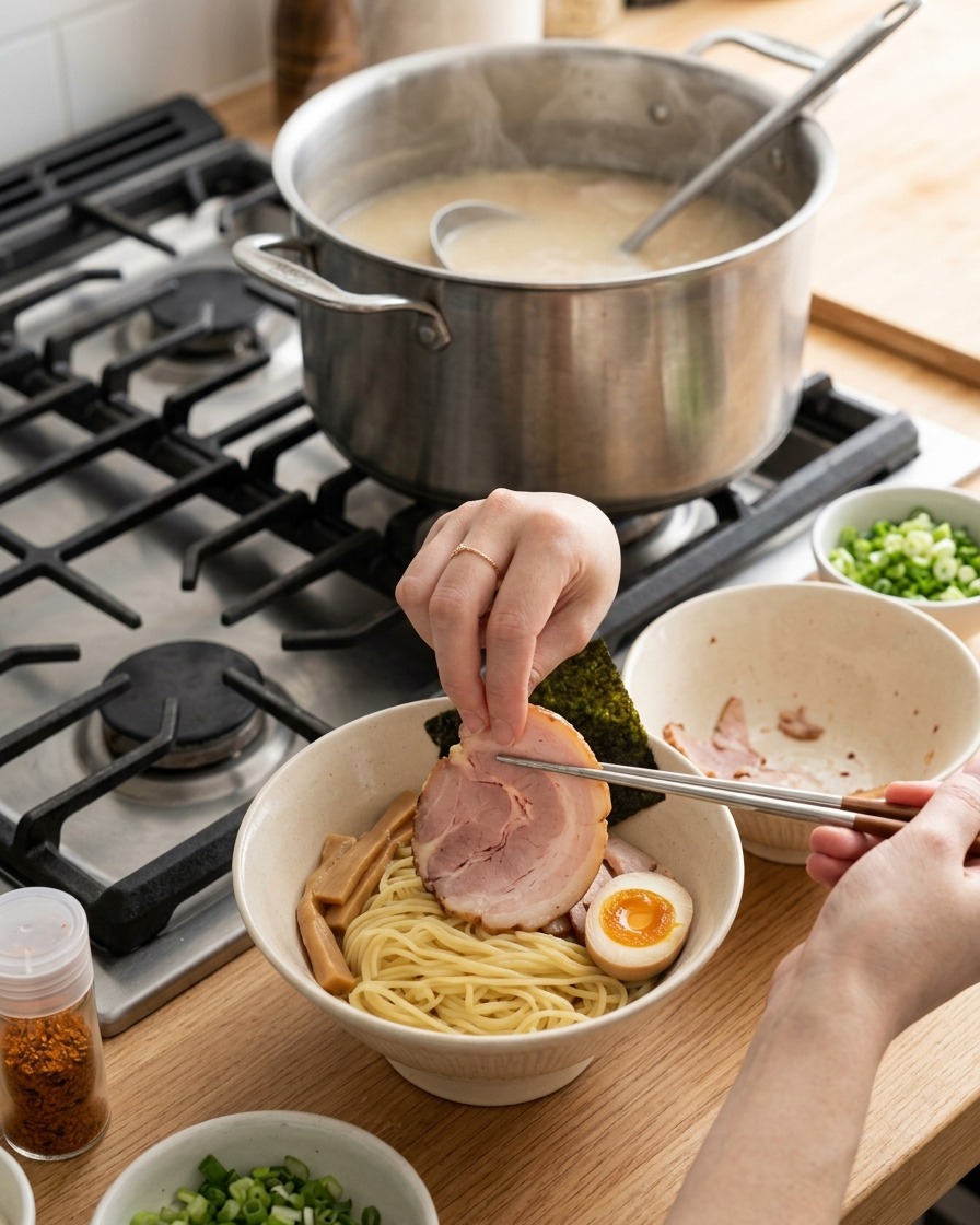 Una mano posiziona una fetta di anatra rosolata in una ciotola di ramen con noodle e un uovo sodo.