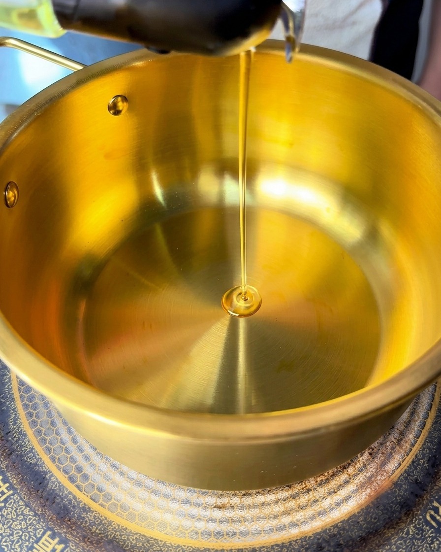 Olio giallo limpido versato in un sottile filo in una pentola dorata pulita.