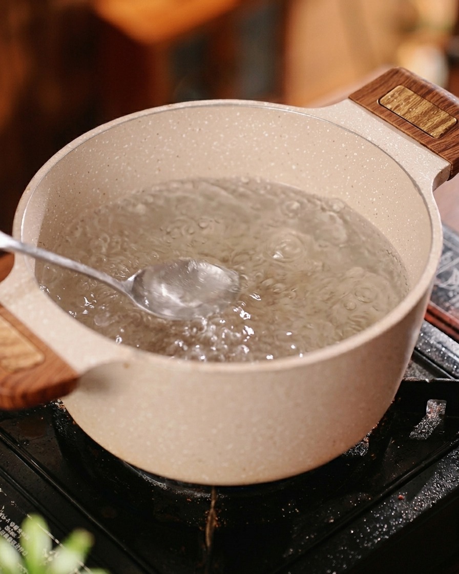 Una pentola dacqua che bolle sul fuoco, salata e oliata prima di aggiungere la pasta.