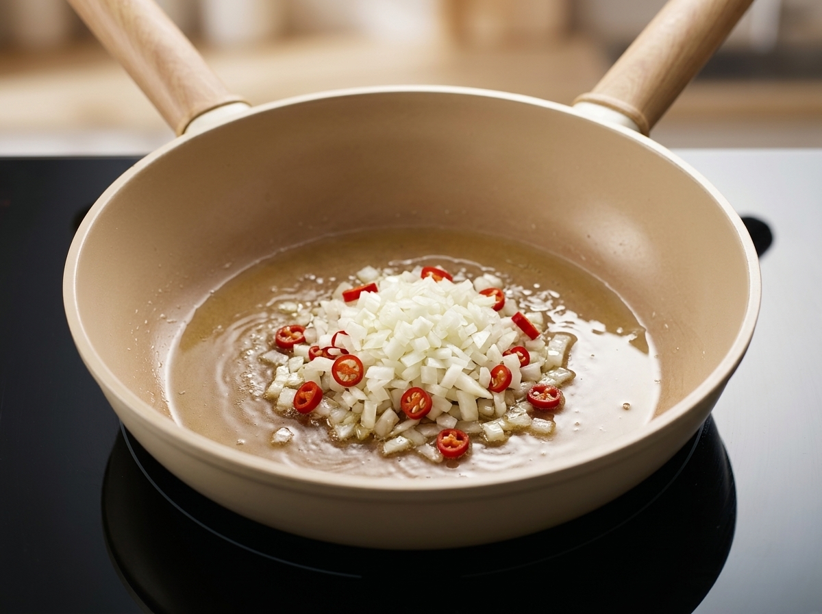 Cipolle tritate finemente e anelli di peperoncino rosso saltati in padella con olio brillante.