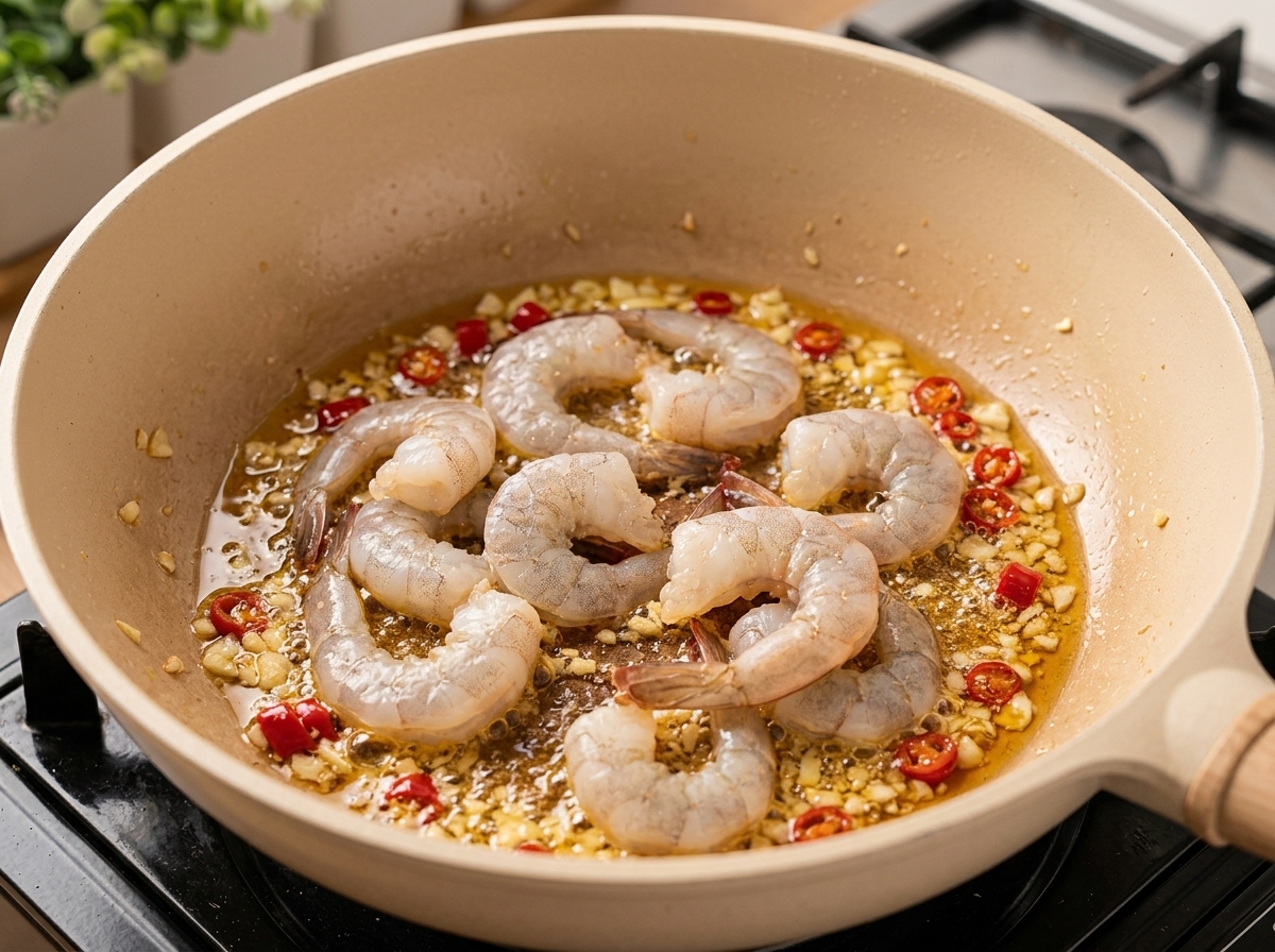 Gamberi crudi puliti aggiunti in padella insieme a cipolle saltate e peperoncino rosso.