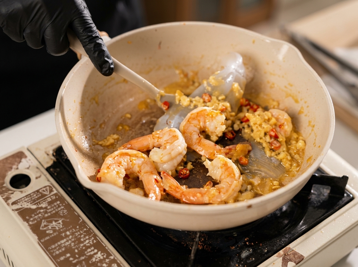 Una persona con guanti neri usa una spatola per mescolare gamberi, peperoncino e cipolla mentre versa vino bianco lungo il bordo della padella.